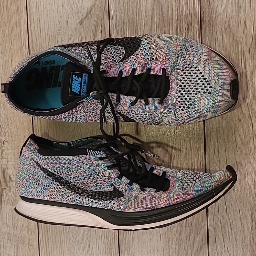 NIKE Flyknit Racer Multicolor 2.0 Blue Green Running RARE 526628-304 Sz 10 Shoes